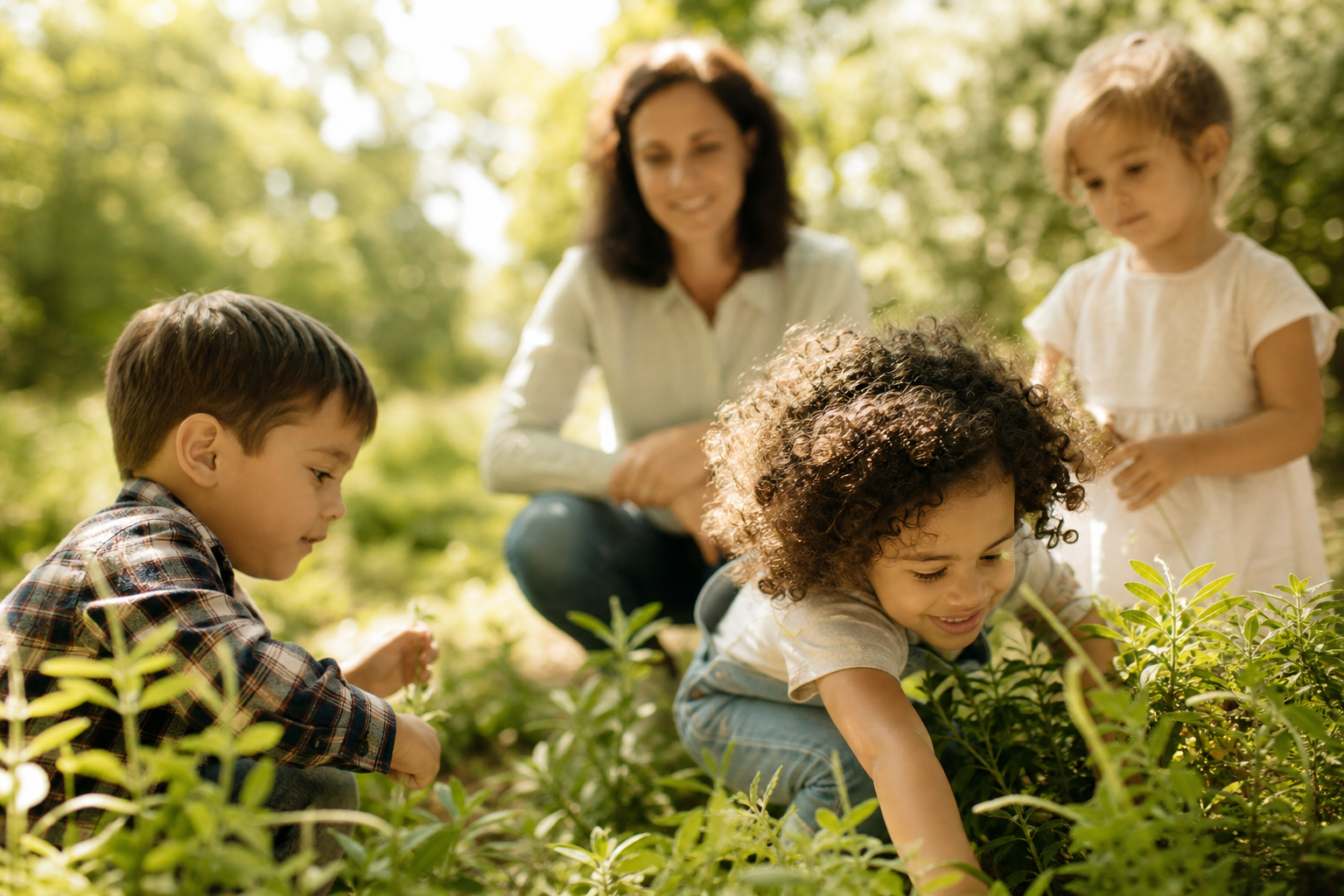Kinder spielen behütet im Grünen